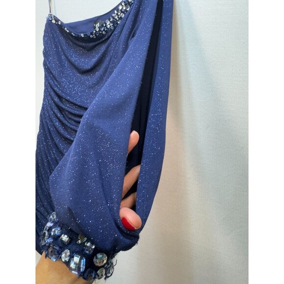 Deb Women's Sparkle Beaded Sequin Cocktail & Party Dress Side Ruched Size L Blue - Picture 4 of 11